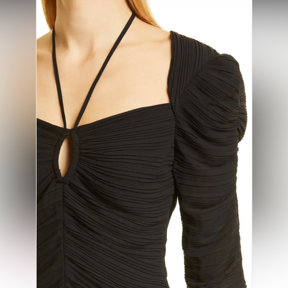 Frame Gathered Ruched Keyhole Tie Neck Puff Long Sleeve Top - Picture 3 of 15